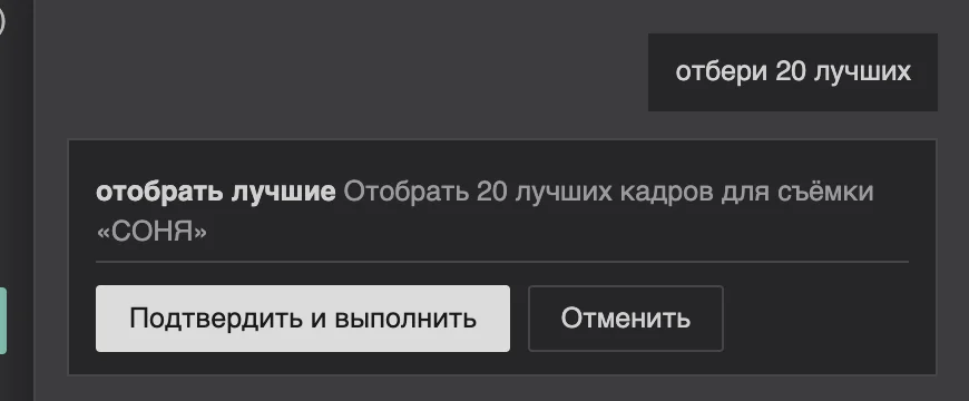 План крупно: шаг «отобрать лучшие - Отобрать 20 лучших кадров», кнопки «Подтвердить и выполнить» и «Отменить»